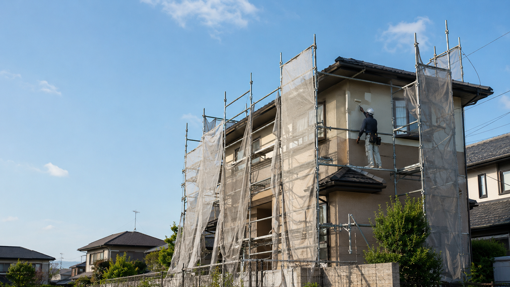 足場を組んだ2階建て戸建て住宅の外壁を、職人がローラーで塗っている様子