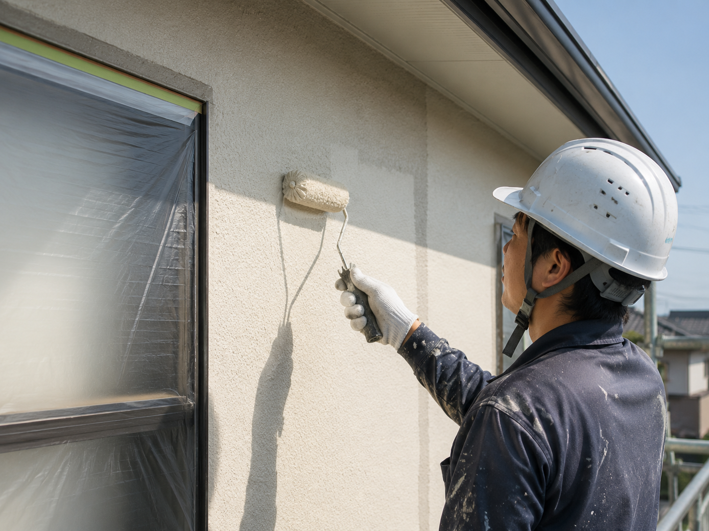 戸建て住宅の外壁をローラーで塗っている職人の手元