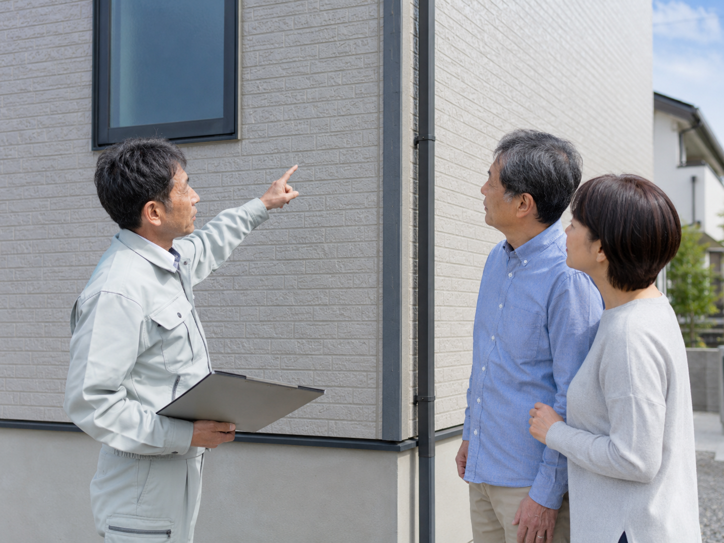 戸建て住宅の前で、作業服姿の職人が施主に外壁を指さしながら説明している様子